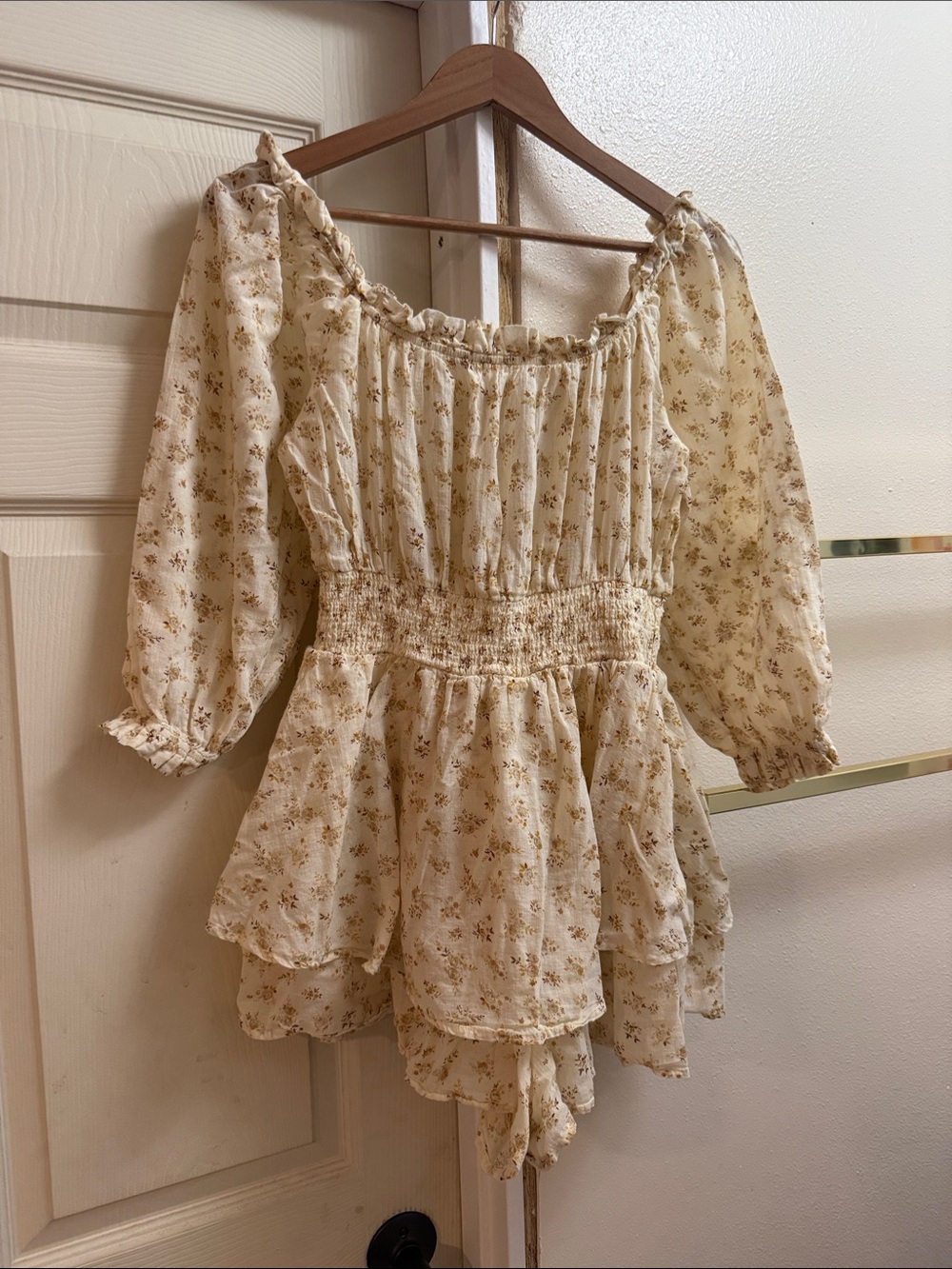 American Eagle Outfitters Cream Floral Smocked Romper